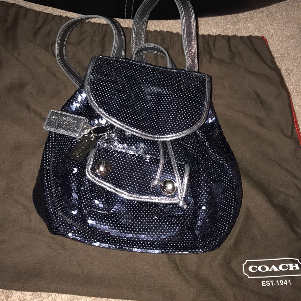 Coach Navy Sequin Mini Backpack with Silver Trim